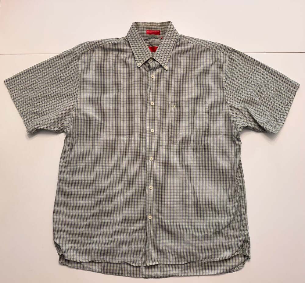 Izod Men's Short Sleeve Button Down Shirt Plaid 80's 2 Ply Cotton Size L